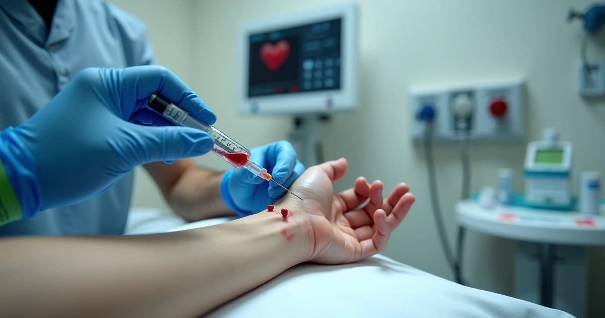 Profissional realiza coleta de sangue arterial no pulso de paciente em sala hospitalar