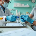 Profissional coleta mecha de cabelo e fragmento de unha para teste toxicológico em clínica
