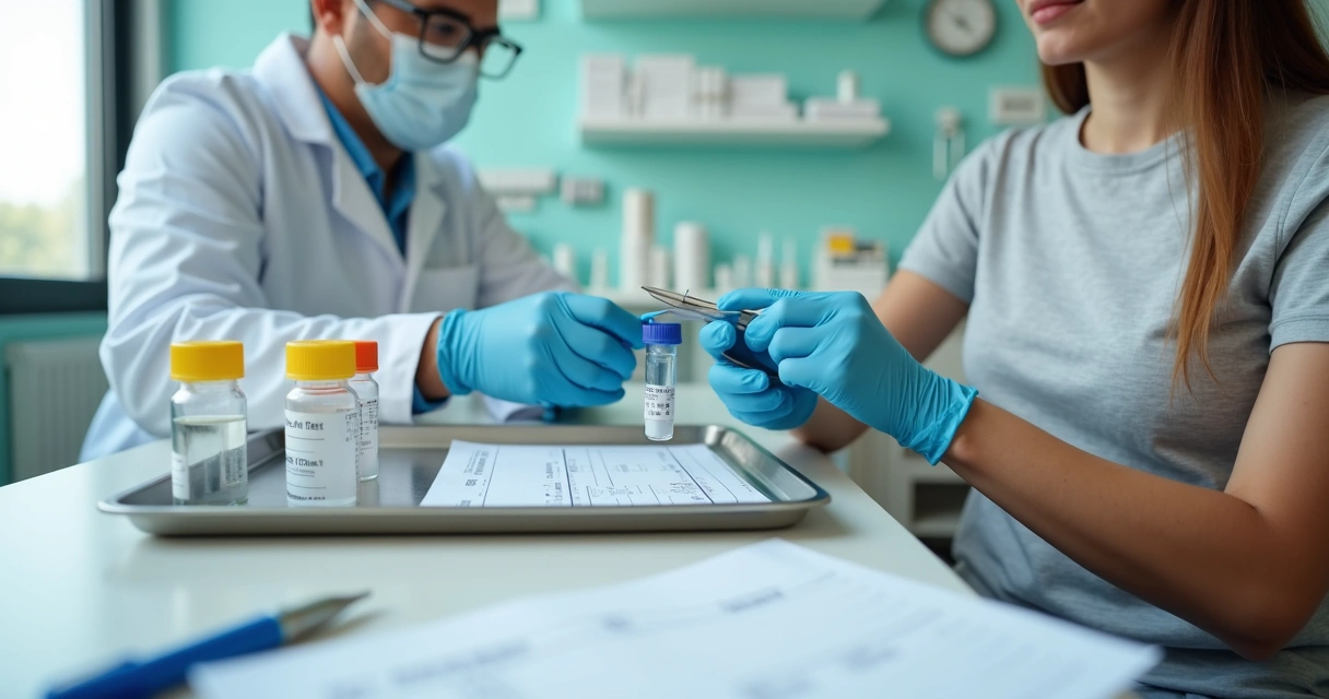 Profissional coleta mecha de cabelo e fragmento de unha para teste toxicológico em clínica