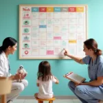Crianças em clínica pediátrica apontando para quadro colorido com calendário de exames preventivos