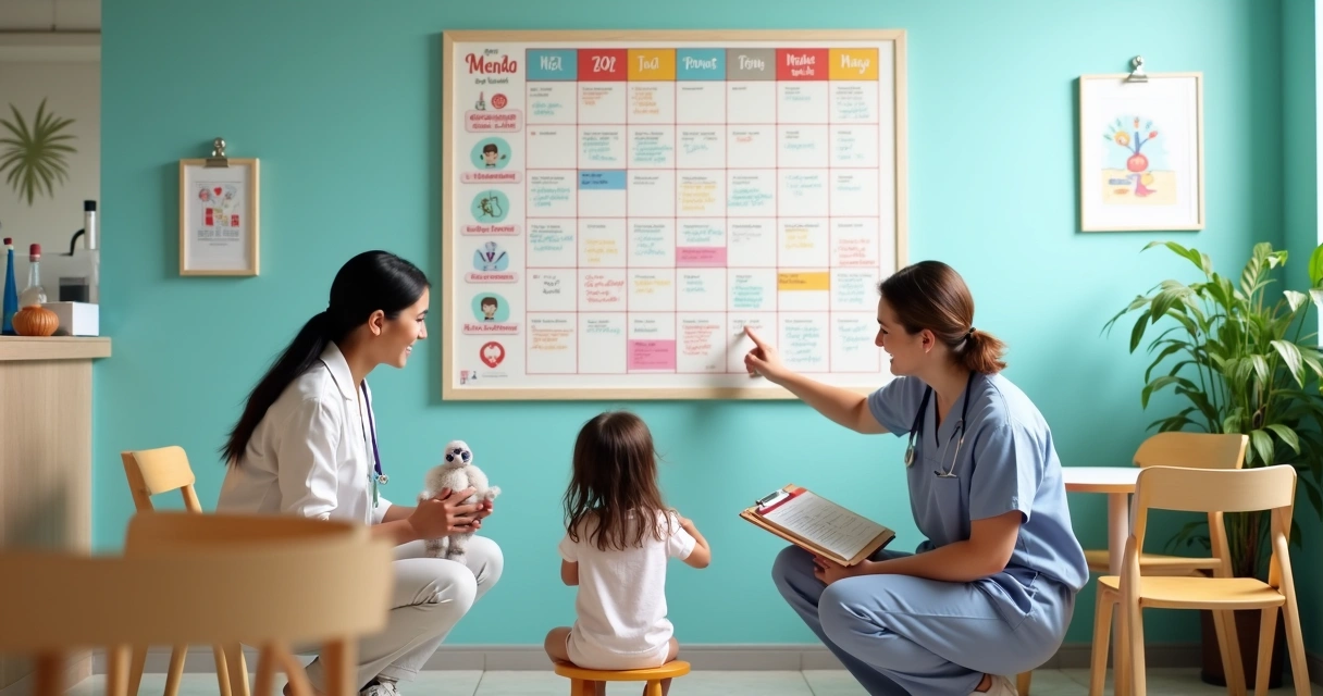 Crianças em clínica pediátrica apontando para quadro colorido com calendário de exames preventivos