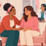 Duas mulheres conversam com apoio em um ambiente acolhedor de saúde, representando o diálogo sobre o receio de fazer exames