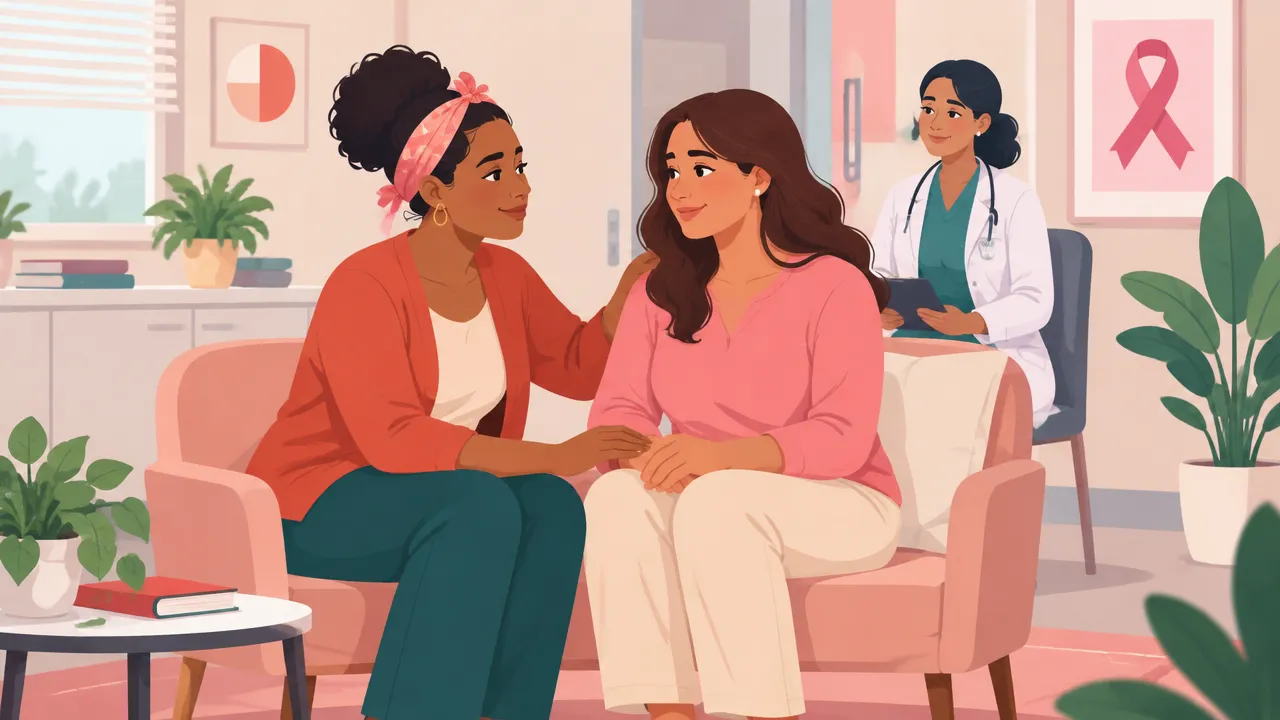Duas mulheres conversam com apoio em um ambiente acolhedor de saúde, representando o diálogo sobre o receio de fazer exames