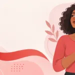 Ilustração acolhedora de uma mulher adulta e formas abstratas que representam informação e cuidado na prevenção do câncer de mama