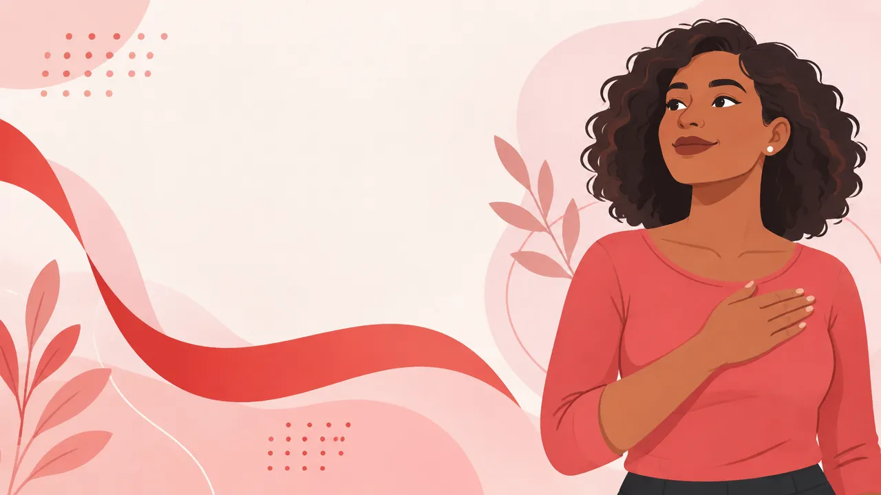 Ilustração acolhedora de uma mulher adulta e formas abstratas que representam informação e cuidado na prevenção do câncer de mama