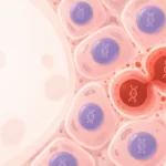 Ilustração de células e DNA representando o desenvolvimento gradual do câncer