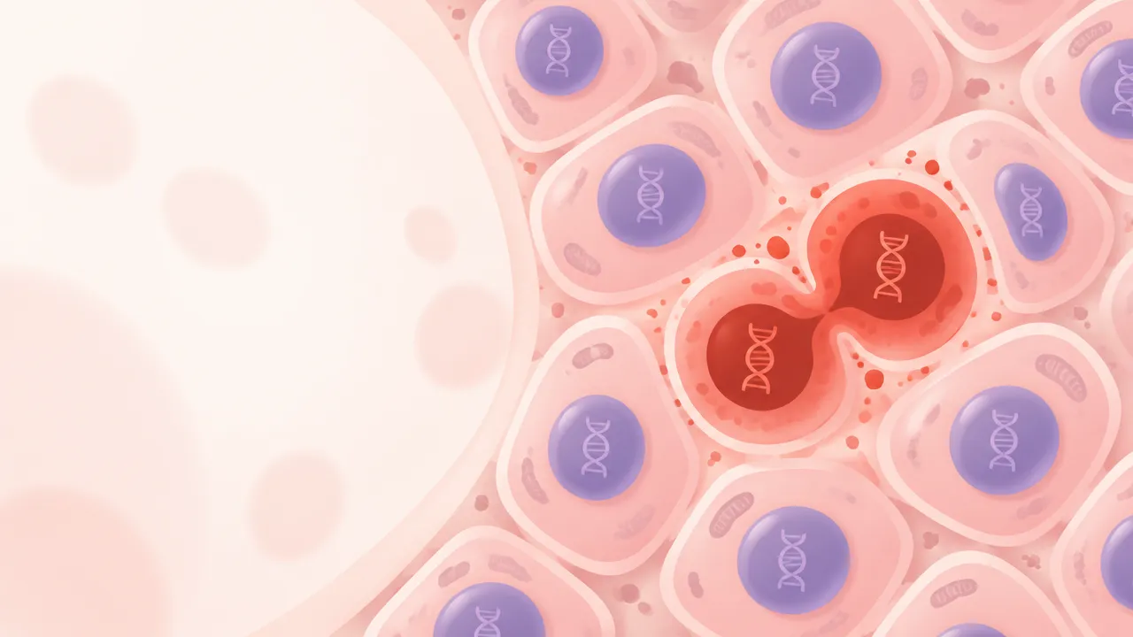 Ilustração de células e DNA representando o desenvolvimento gradual do câncer