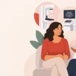 Ilustração de uma mulher conversando com profissional de saúde, com símbolos de mamografia, ultrassom e ressonância ao fundo.