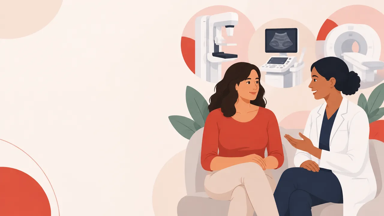 Ilustração de uma mulher conversando com profissional de saúde, com símbolos de mamografia, ultrassom e ressonância ao fundo.