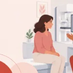 Ilustração de uma mulher conversando com uma profissional de saúde sobre mamografia e detecção precoce.