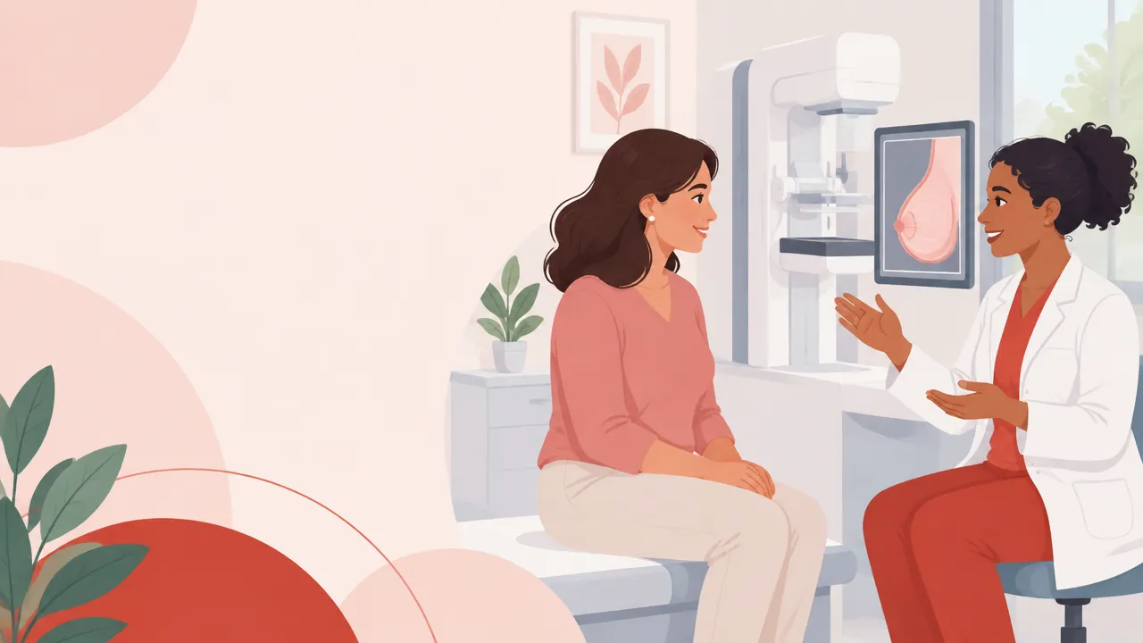 Ilustração de uma mulher conversando com uma profissional de saúde sobre mamografia e detecção precoce.