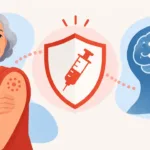 Ilustração de uma pessoa idosa, uma vacina e um cérebro conectados por elementos gráficos, representando pesquisas sobre herpes-zóster e saúde cognitiva