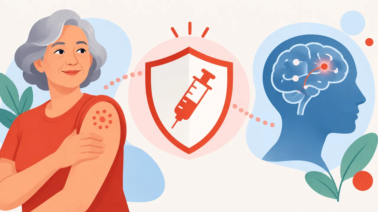 Ilustração de uma pessoa idosa, uma vacina e um cérebro conectados por elementos gráficos, representando pesquisas sobre herpes-zóster e saúde cognitiva