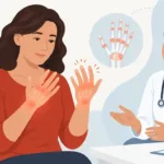 Ilustração de uma pessoa observando as mãos enquanto conversa com uma profissional de saúde sobre sintomas articulares