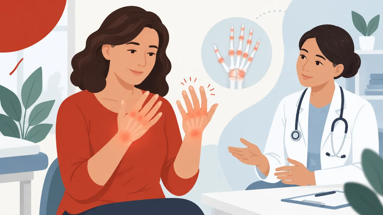 Ilustração de uma pessoa observando as mãos enquanto conversa com uma profissional de saúde sobre sintomas articulares