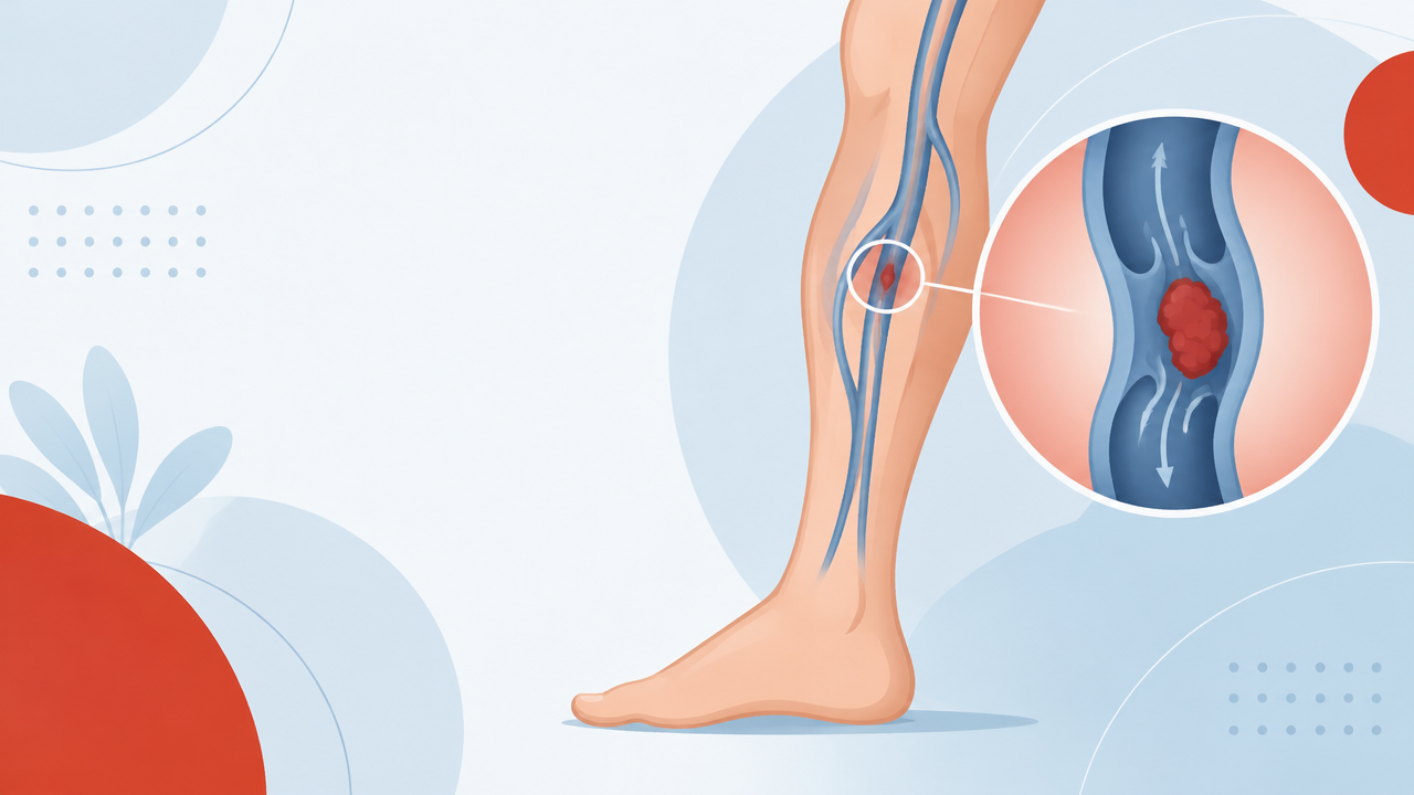 Ilustração esquemática de uma veia profunda da perna com um pequeno coágulo reduzindo a passagem do sangue