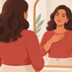 Mulher adulta observando o próprio corpo diante do espelho em uma ilustração sobre autoconhecimento das mamas