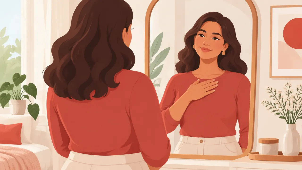 Mulher adulta observando o próprio corpo diante do espelho em uma ilustração sobre autoconhecimento das mamas