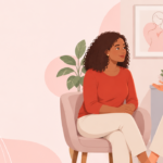 Mulher conversa com profissional de saúde em ambiente acolhedor sobre cuidados com as mamas