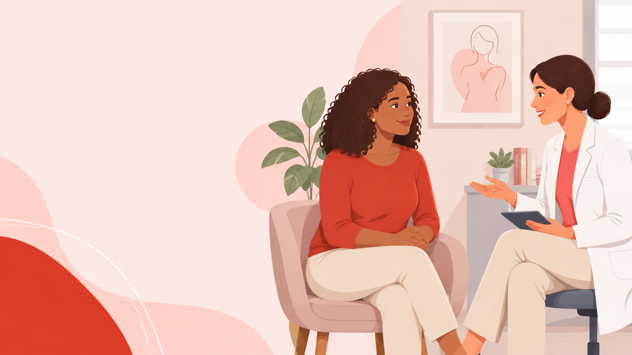 Mulher conversa com profissional de saúde em ambiente acolhedor sobre cuidados com as mamas