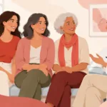 Mulheres de diferentes idades conversam com uma profissional de saúde sobre o cuidado com as mamas