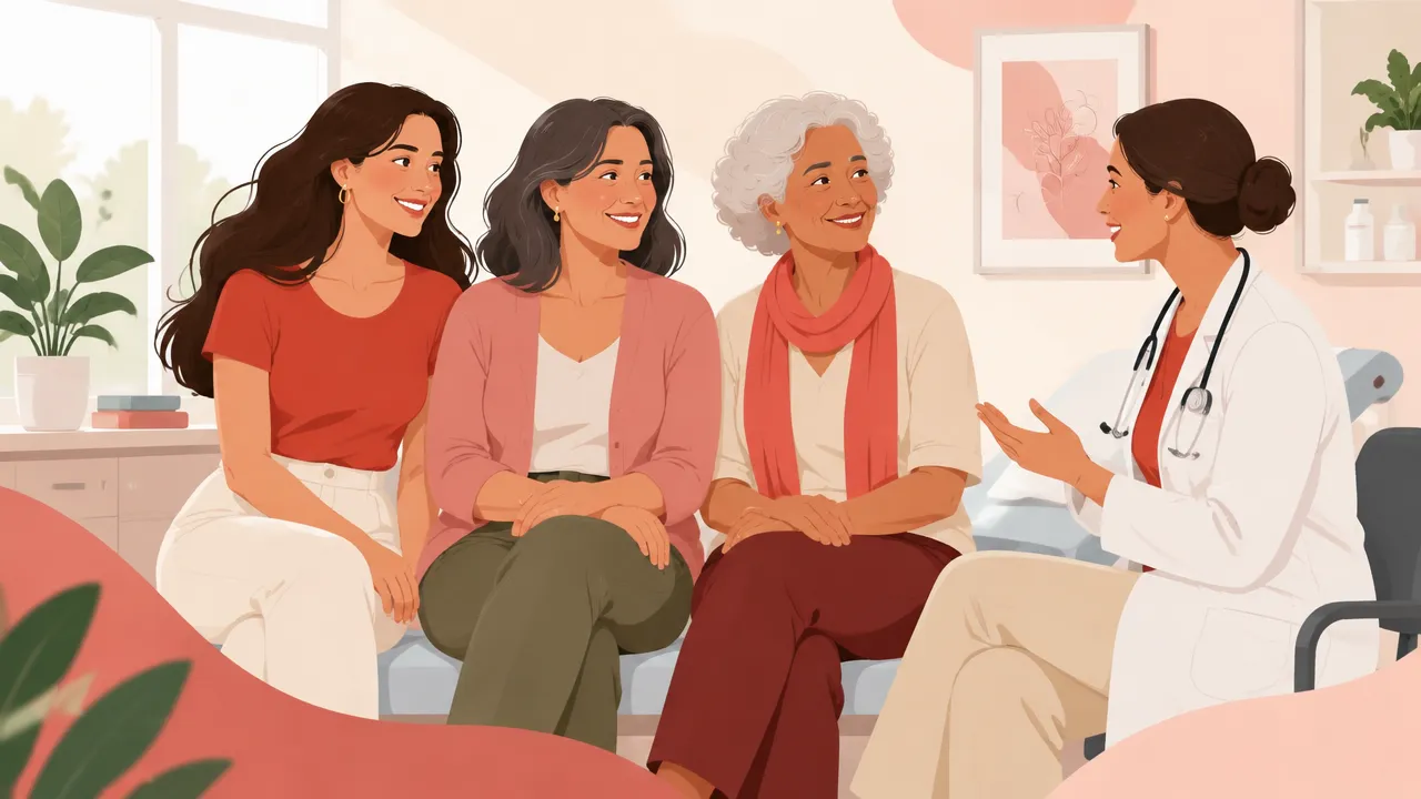 Mulheres de diferentes idades conversam com uma profissional de saúde sobre o cuidado com as mamas