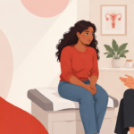 Paciente conversa com uma ginecologista em consultório acolhedor antes de uma avaliação.