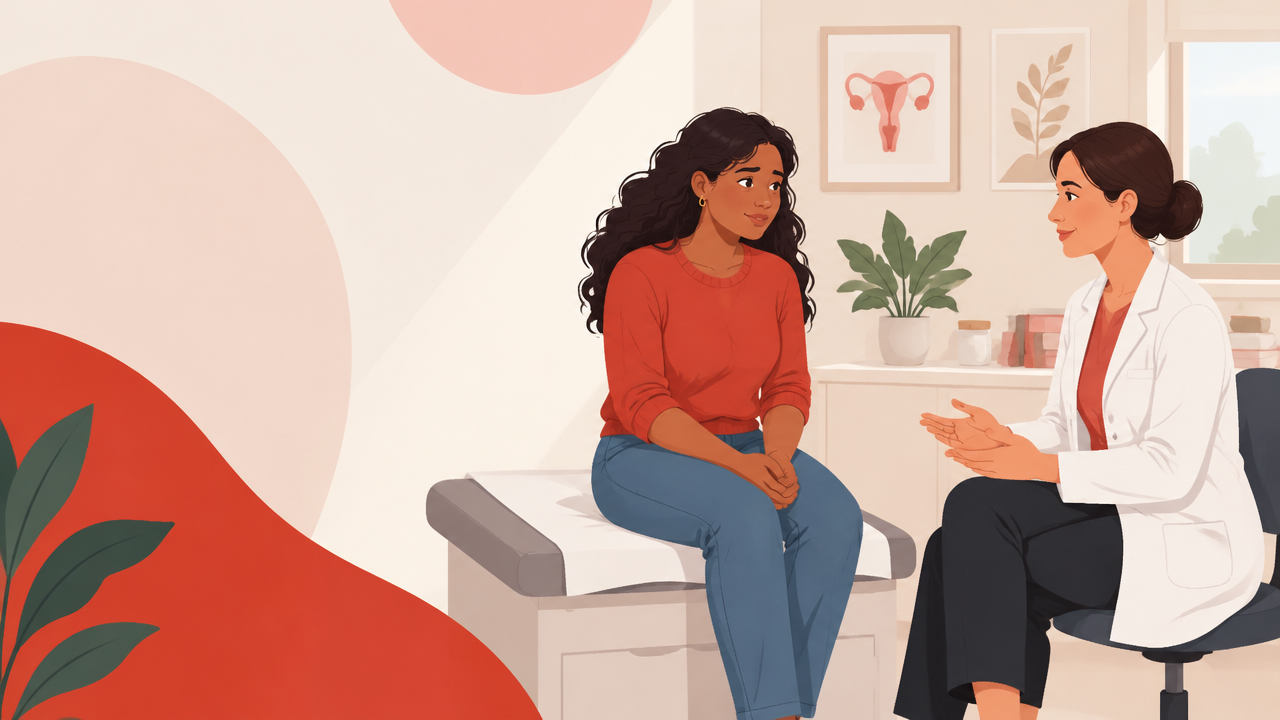 Paciente conversa com uma ginecologista em consultório acolhedor antes de uma avaliação.