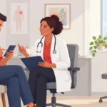 Paciente e profissional de saúde conversam em uma consulta, com anotações à mão para organizar dúvidas e informações.