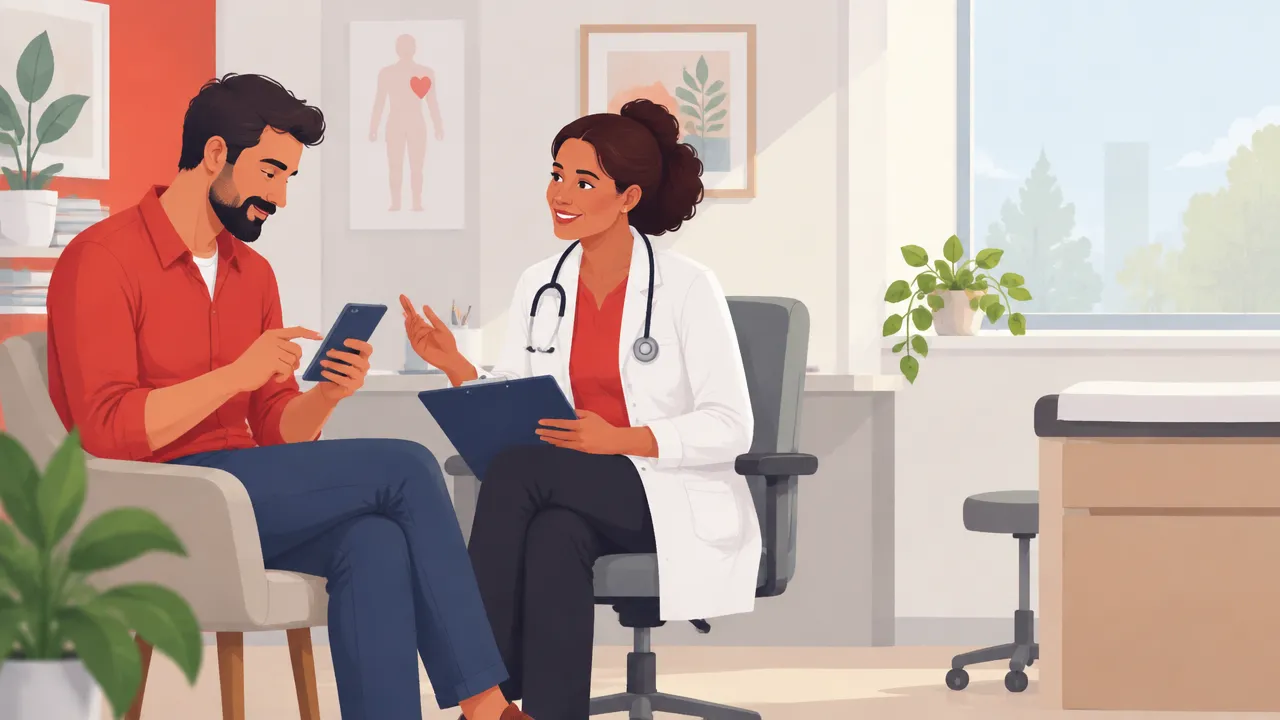 Paciente e profissional de saúde conversam em uma consulta, com anotações à mão para organizar dúvidas e informações.