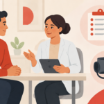 Pessoa conversa com profissional de saúde sobre acompanhamento preventivo em ambiente acolhedor