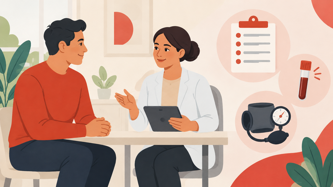 Pessoa conversa com profissional de saúde sobre acompanhamento preventivo em ambiente acolhedor